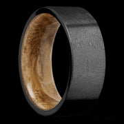 8 mm wide Flat Zirconium band featuring a Whiskey Barrel sleeve.