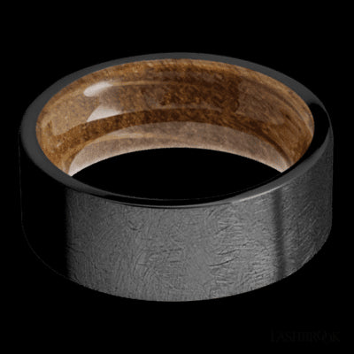 8 mm wide Flat Zirconium band featuring a Whiskey Barrel sleeve.