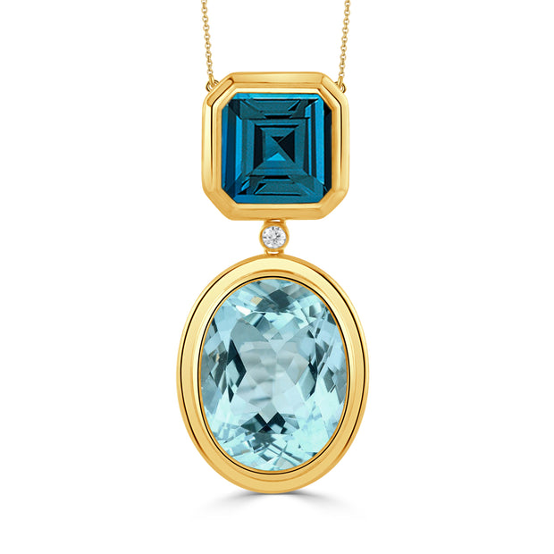 N11220LBBT-Y-18K YELLOW GOLD DIAMOND NECKLACE WITH LONDON BLUE TOPAZ TOP STONE AND SKY BLUE TOPAZ BOTTOM STONE