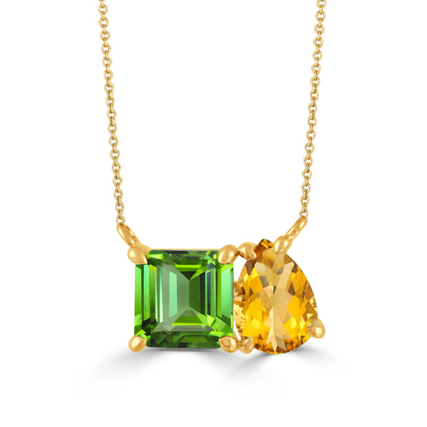 N11641PDCT-18K YELLOW GOLD NECKLACE WITH PERIDOT (SQUARE) AND CITRINE (PEAR)