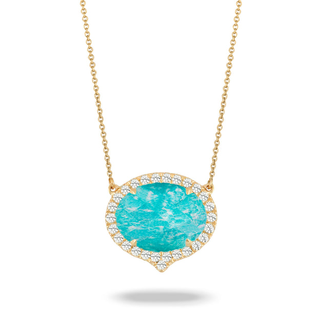 18K YELLOW GOLD DIAMOND NECKLACE WITH CLEAR QUARTZ OVER AMAZONITE.