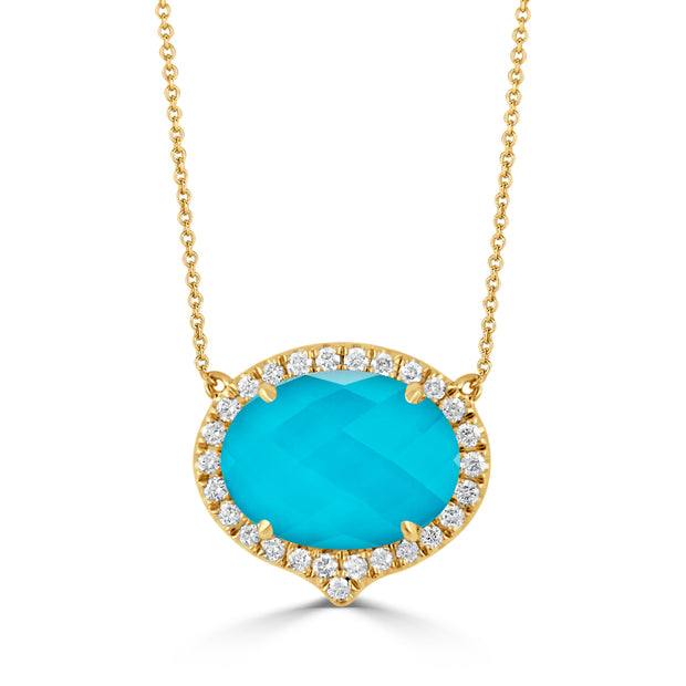 N6232TQ-Y-18K YELLOW GOLD DIAMOND NECKLACE WITH CLEAR QUARTZ OVER TURQUOISE