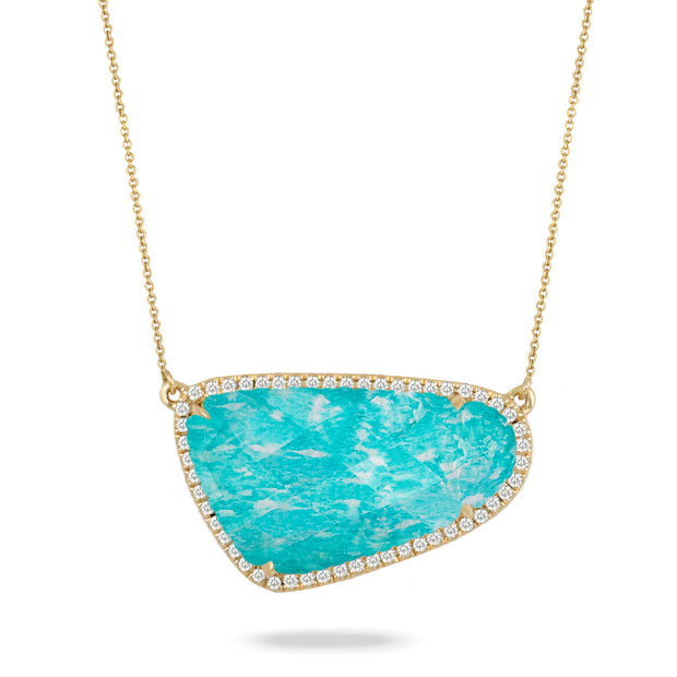 18K YELLOW GOLD DIAMOND NECKLACE WITH CLEAR QUARTZ OVER AMAZONITE