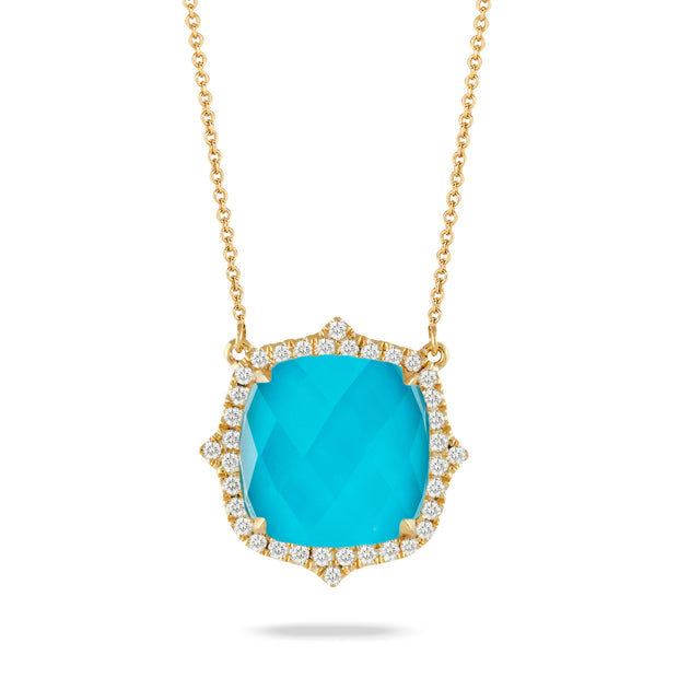 18K YELLOW GOLD DIAMOND NECKLACE WITH CLEAR QUARTZ OVER TURQUOISE
