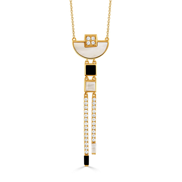 N9118BOMP-4-18K YELLOW GOLD DIAMOND NECKLACE WITH WHITE MOTHER OF PEARL AND BLACK ONYX