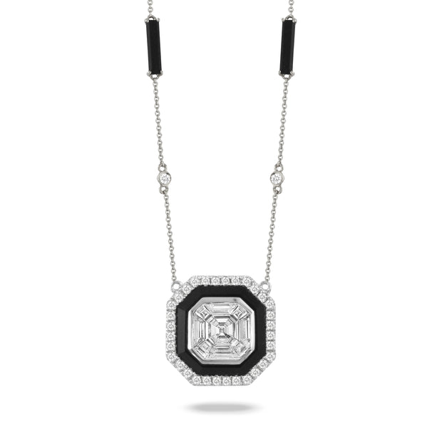18K WHITE GOLD INVISIBLE SET DIAMOND NECKLACE WITH BLACK ONYX