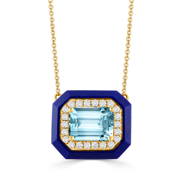 N9254LPBT-18K YELLOW GOLD DIAMOND NECKLACE WITH LAPIS BORDERS AND SKY BLUE TOPAZ CENTER STONE