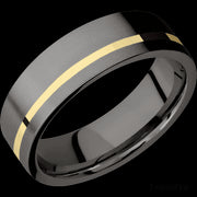 7 mm wide/Flat/Tantalum Noir band with one 1 mm Off Center inlay of 14K Yellow Gold.