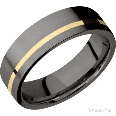 7 mm wide/Flat/Tantalum Noir band with one 1 mm Off Center inlay of 14K Yellow Gold.