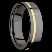 7 mm wide/Flat/Tantalum Noir band with one 1 mm Off Center inlay of 14K Yellow Gold.