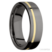 7 mm wide/Flat/Tantalum Noir band with one 1 mm Off Center inlay of 14K Yellow Gold.