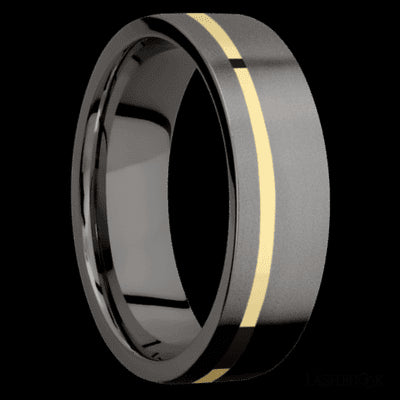 7 mm wide/Flat/Tantalum Noir band with one 1 mm Off Center inlay of 14K Yellow Gold.