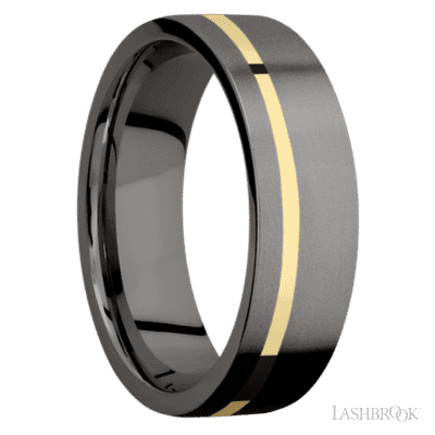 7 mm wide/Flat/Tantalum Noir band with one 1 mm Off Center inlay of 14K Yellow Gold.