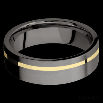 7 mm wide/Flat/Tantalum Noir band with one 1 mm Off Center inlay of 14K Yellow Gold.