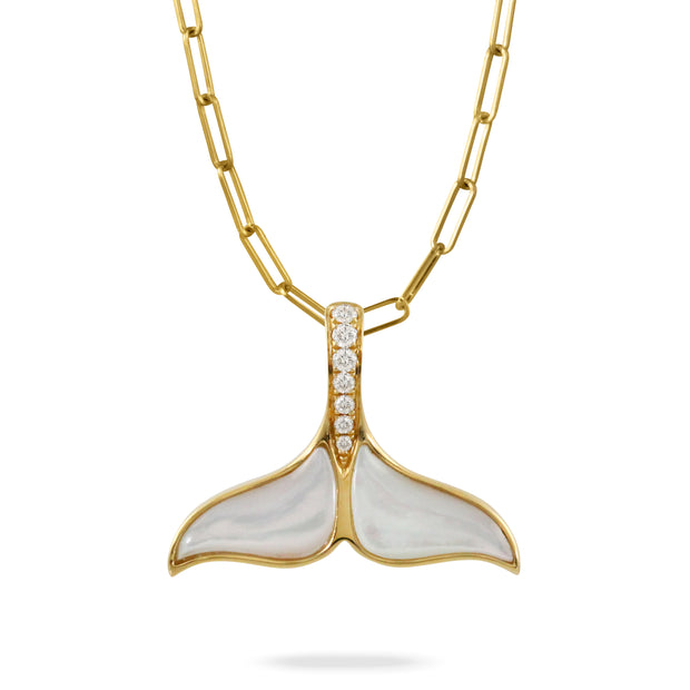 18K YELLOW GOLD DIAMOND WHALE TAIL PENDANT WITH CLEAR QUARTZ OVER WHITE MOTHER OF PEARL