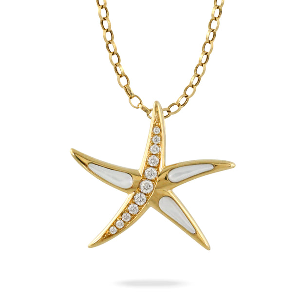 18K YELLOW GOLD DIAMOND STAR FISH PENDANT WITH CLEAR QUARTZ OVER WHITE MOTHER OF PEARL