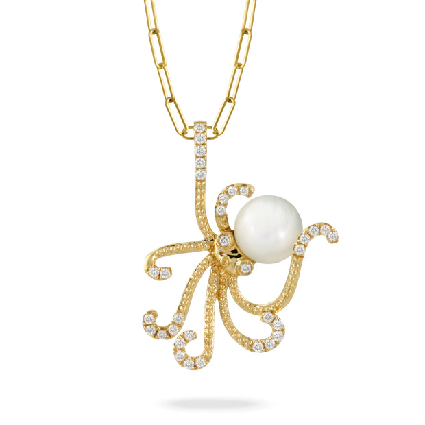 18K YELLOW GOLD DIAMOND OCTOPUS PENDANT WITH WHITE MOTHER OF PEARL
