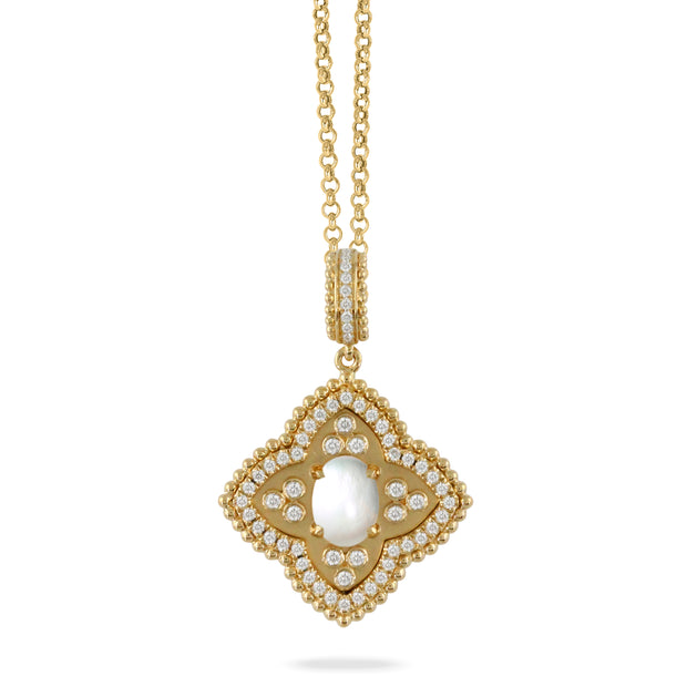 18K YELLOW GOLD DIAMOND PENDANT WITH CABUCHON CUT CLEAR QUARTZ OVER WHITE MOTHER OF PEARL