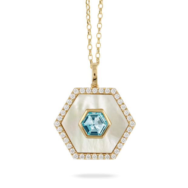 18K YELLOW GOLD DIAMOND PENDANT WITH SKY BLUE TOPAZ CENTER AND WHITE MOTHER OF PEARL