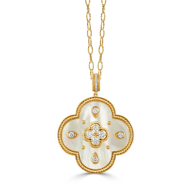 18K YELLOW GOLD DIAMOND PENDANT WITH WHITE MOTHER OF PEARL