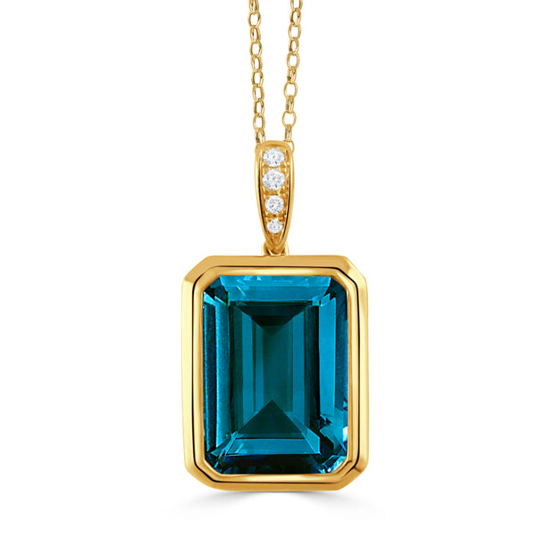 P10727LBT-Y-18K YELLOW GOLD DIAMOND PENDANT WITH LONDON BLUE TOPAZ CENTER ON A DIAMOND BAIL
