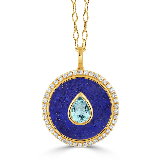 P10951LPBT-18K YELLOW GOLD DIAMOND PENDANT WITH SKY BLUE TOPAZ CENTER AND LAPIS