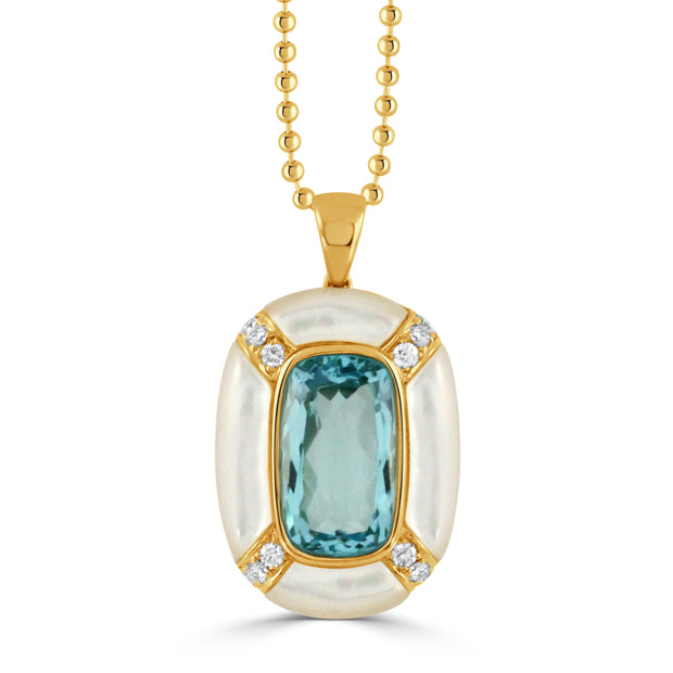P10972WMPBT-18K YELLOW GOLD DIAMOND PENDANT WITH WHITE MOTHER OF PEARL BORDERS AND LIGHT BLUE TOPAZ CENTER STONE