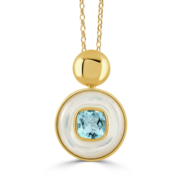 P10988WMPBT-18K YELLOW GOLD PENDANT WITH SKY BLUE TOPAZ AND WHITE MOTHER OF PEARL