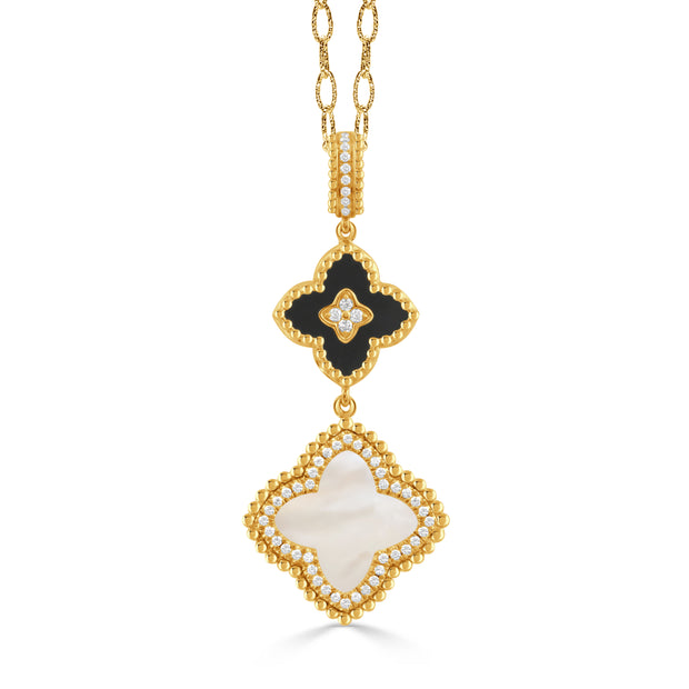 P11073BOMP-1-18K YELLOW GOLD DIAMOND PENDANT WITH BLACK ONYX ON TOP AND WHITE MOTHER OF PEARL BOTTOM.
