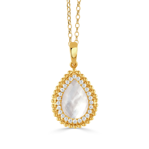P11083WMP-18K YELLOW GOLD DIAMOND PENDANT WITH CLEAR QUARTZ OVER WHITE MOTHER OF PEARL