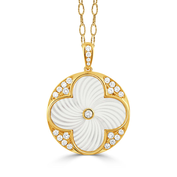 P11142WMP-B-18K YELLOW GOLD DIAMOND CLOVER PENDANT WITH CARVED WHITE MOTHER OF PEARL