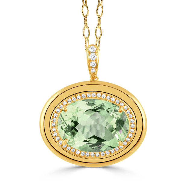P11235GAM-18K YELLOW GOLD DIAMOND PENDANT WITH GREEN AMETHYST CENTER STONE