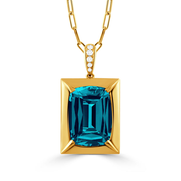 P11571LBT-Y-18K YELLOW GOLD DIAMOND PENDANT WITH LONDON BLUE TOPAZ CENTER