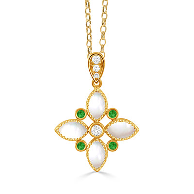 P11668TSMP-18K YELLOW GOLD DIAMOND PENDANT WITH TSAVORITE AND  CABOCHON CUT CLEAR QUARTZ OVER WHITE MOTHER OF PEARL
