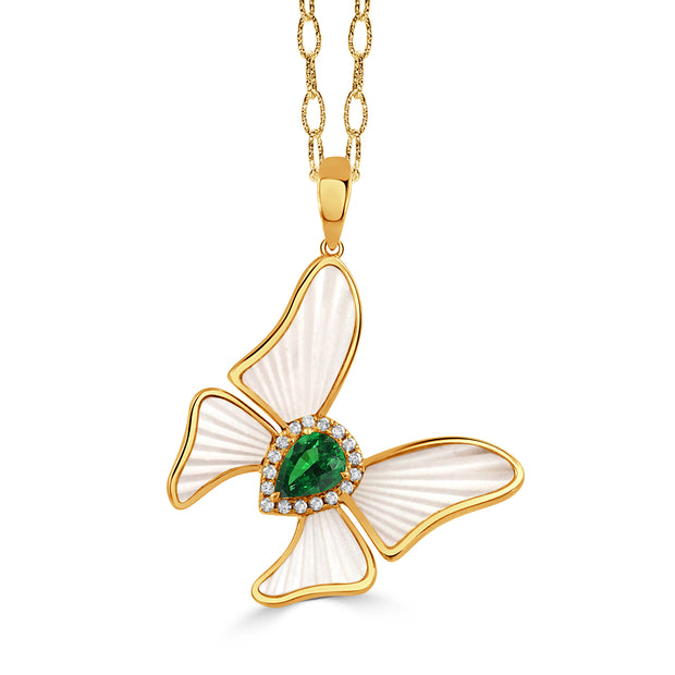 P11837TSMP-18K YELLOW GOLD DIAMOND BUTTERFLY PENDANT WITH CARVED WHITE MOTHER OF PEARL AND TSAVORITE CENTER STONE