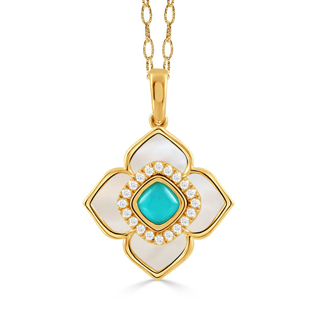 P11915WMPTQ-18K YELLOW GOLD DIAMOND PENDANT WITH CABOCHON CUT CLEAR QUARTZ OVER TURQUOISE CENTER AND WHITE MOTHER OF PEARL