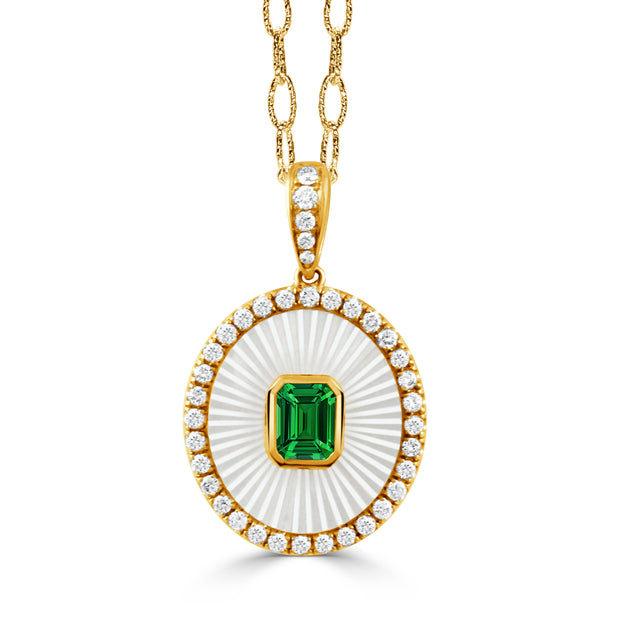 P11925TSMP-A-18K YELLOW GOLD DIAMOND PENDANT WITH CARVED WHITE MOTHER OF PEARL AND TSAVORITE CENTER STONE