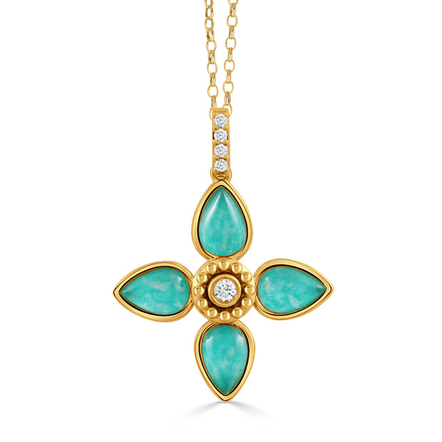 P11953AZ-18K YELLOW GOLD DIAMOND PENDANT WITH CABOCHON CUT CLEAR QUARTZ OVER AMAZONITE