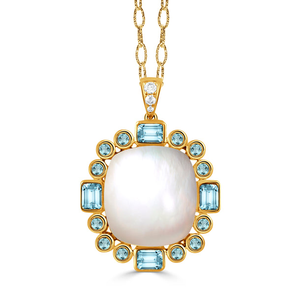 P12048WMPBT-18K YELLOW GOLD DIAMOND PENDANT WITH SKY BLUE TOPAZ AND CABOCHON CUT CLEAR QUARTZ OVER WHITE MOTHER OF PEARL CENTER