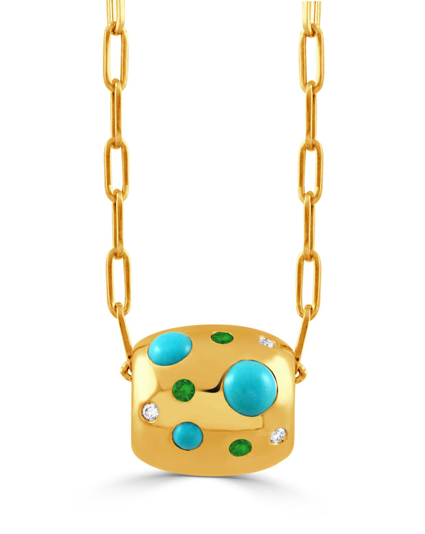 P12063TSTQ-18K YELLOW GOLD DIAMOND PENDANT WITH TSAVORITE AND  TURQUOISE