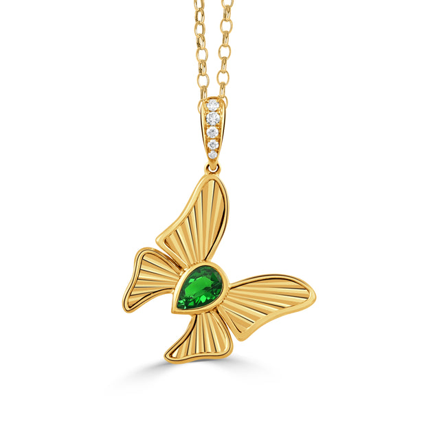 P12131TS-18K YELLOW GOLD DIAMOND BUTTERFLY PENDANT WITH TSAVORITE CENTER STONE