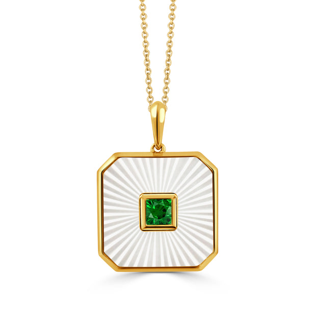 P12148TSMP-A-18K YELLOW GOLD PENDANT WITH CARVED WHITE MOTHER OF PEARL AND TSAVORITE CENTER STONE