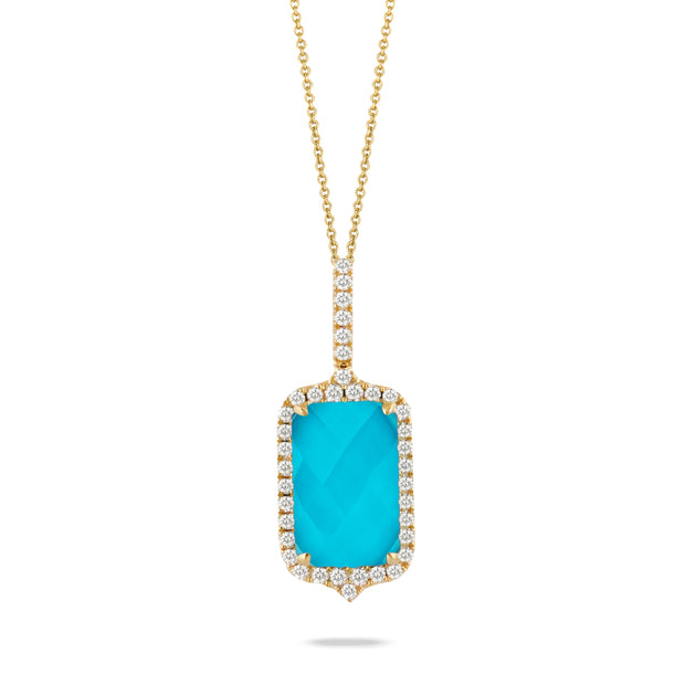 18K YELLOW GOLD DIAMOND PENDANT WITH CLEAR QUARTZ OVER TURQUOISE