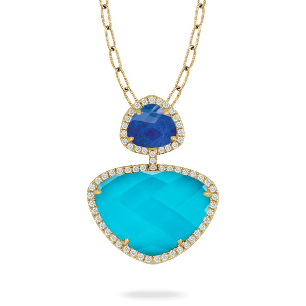 18K YELLOW GOLD DIAMOND PENDANT WITH CLEAR QUARTZ OVER LAPIS TOP AND CLEAR QUARTZ OVER TURQUOISE BOTTOM