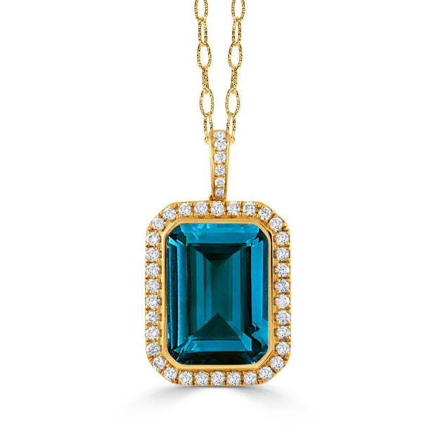 P8323LBT-Y-18K YELLOW GOLD DIAMOND PENDANT WITH LONDON BLUE TOPAZ CENTER