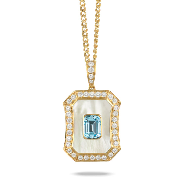 18K YELLOW GOLD DIAMOND PENDANT WITH SKY BLUE TOPAZ CENTER AND WHITE MOTHER OF PEARL.