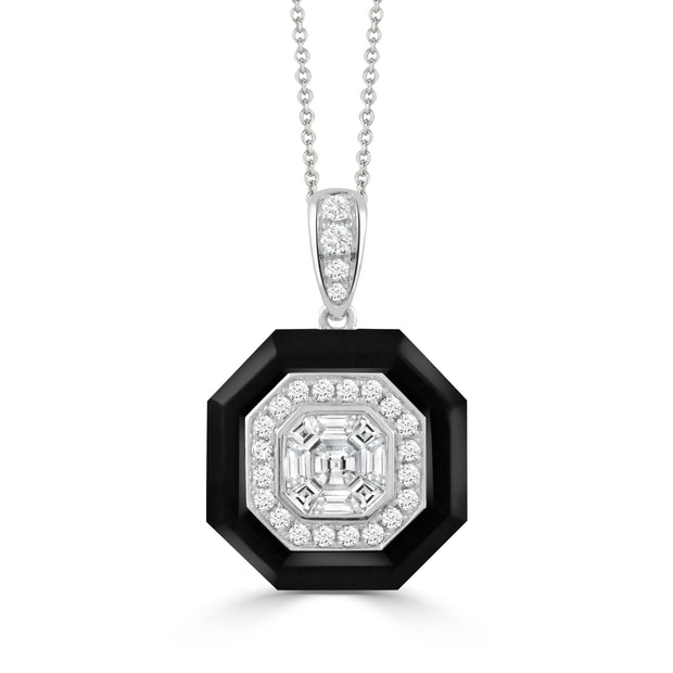 P9171BO-1-18K WHITE GOLD INVISIBLE SET DIAMOND PENDANT WITH BLACK ONYX