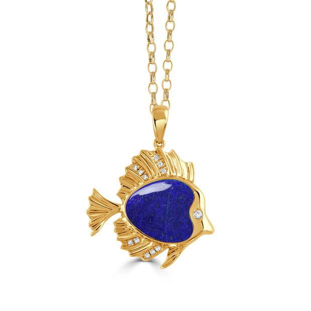 P9744LP-18K YELLOW GOLD DIAMOND TANG FISH PENDANT WITH CLEAR QUARTZ OVER LAPIS