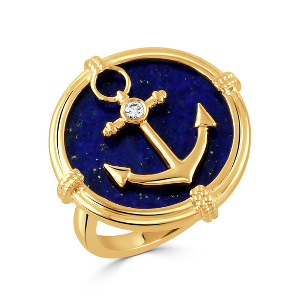18K YELLOW GOLD DIAMOND RING WITH LAPIS WITH PLAIN GOLD SHANK
