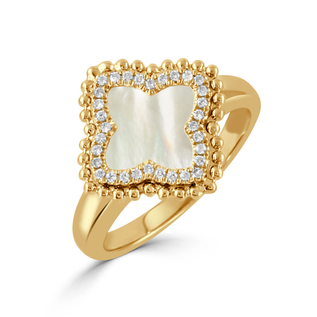 18K YELLOW GOLD DIAMOND RING WITH WHITE MOTHER OF PEARL